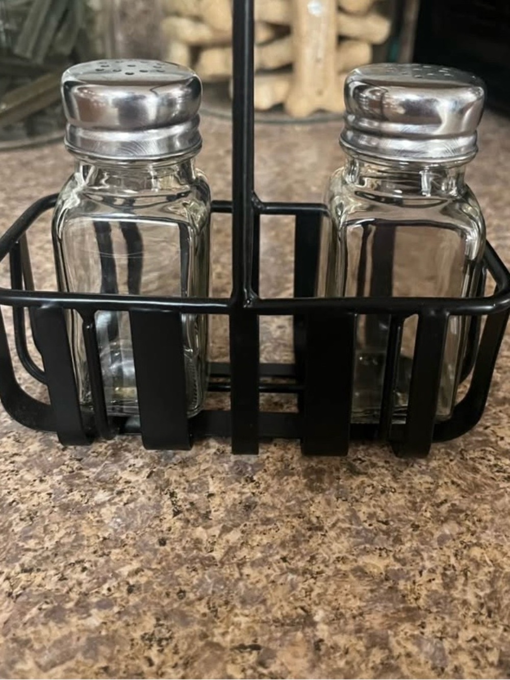Glass Salt and Pepper Shaker Set with Black Metal Caddy